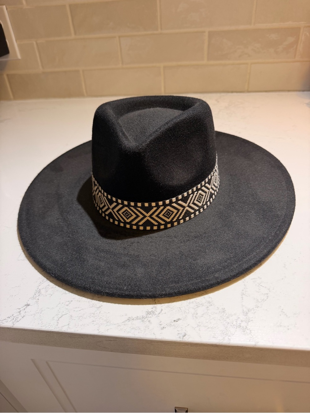 Black Wide-Brim Fedora Hat with Geometric Band